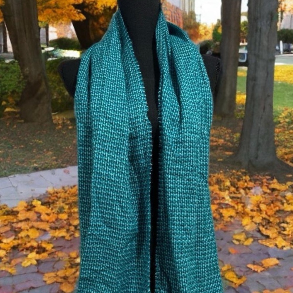 Land’s End NWT Teal Aqua Turquoise Checked Woven Scarf. Soft & Lightweight Blue - Picture 9 of 16